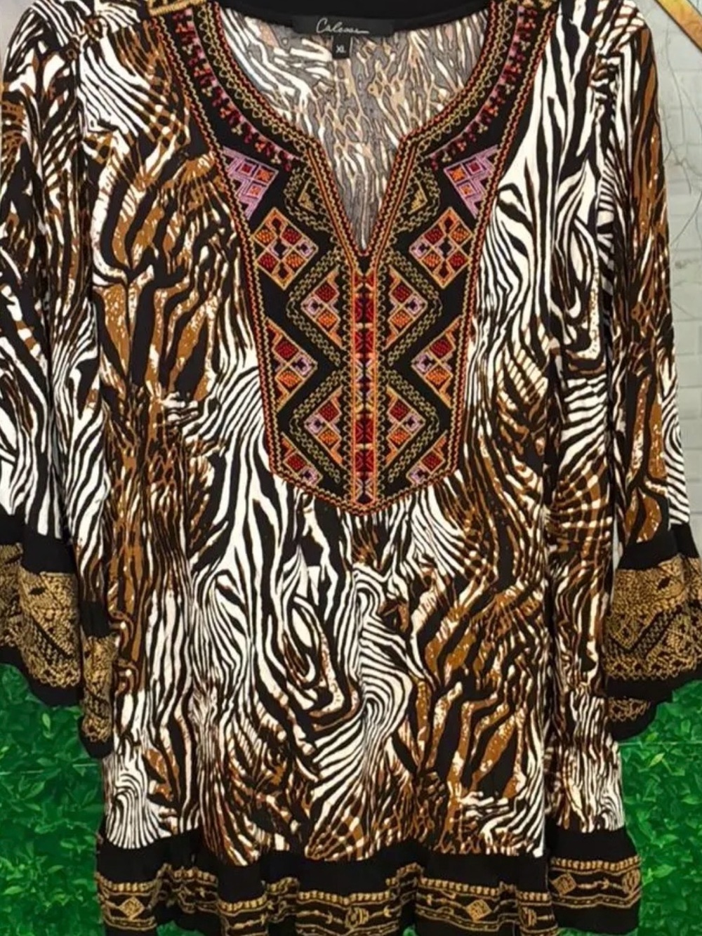 CALESSA Brown, Black & White Animal-Print Embroidered Tunic Top